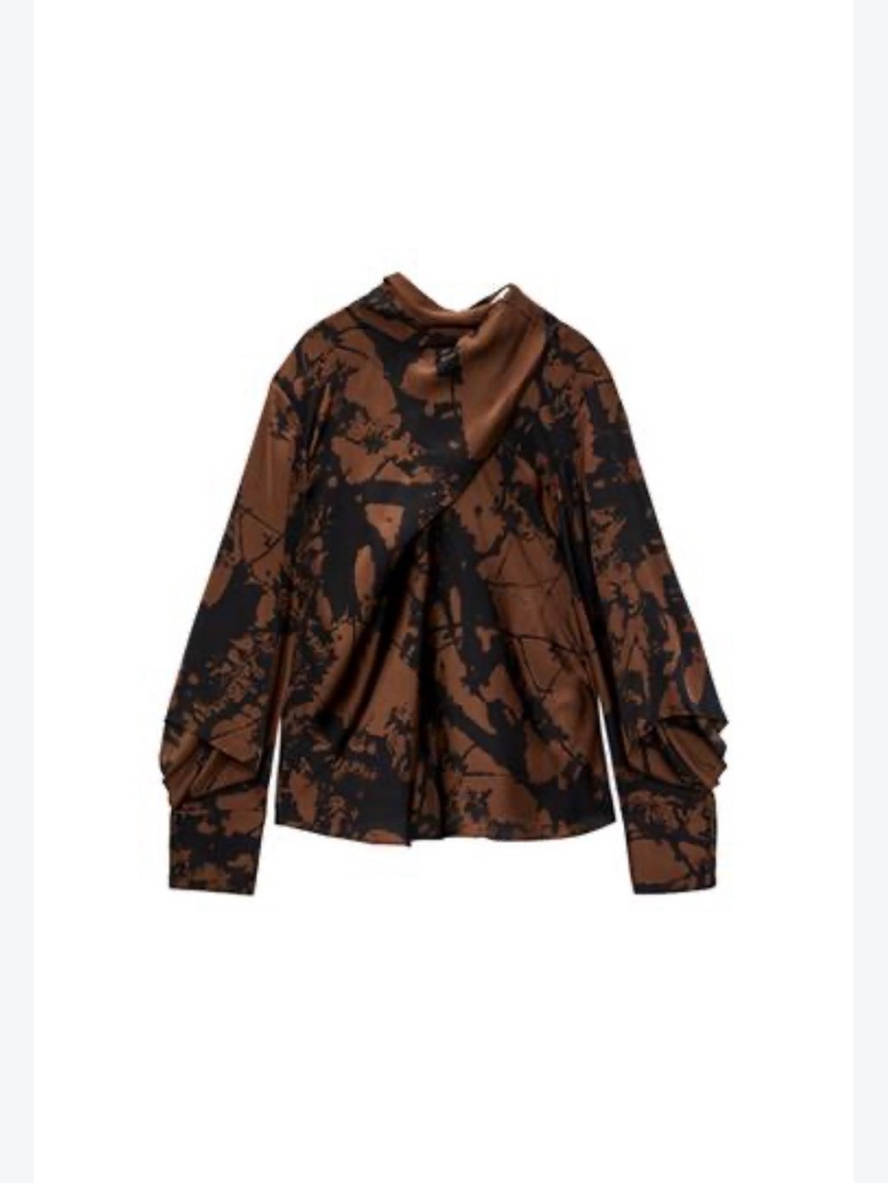 Zara Brown and Black Satin Abstract-Print Long-Sleeve Blouse